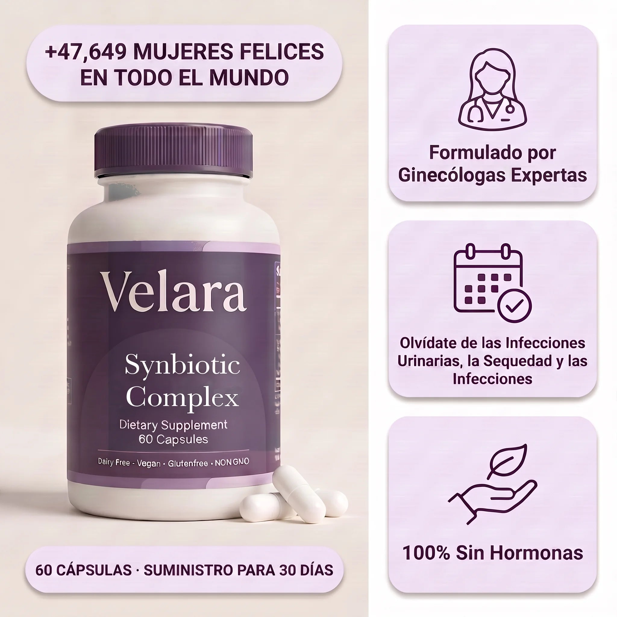 Bote de Velara Synbiotic Complex, 60 cápsulas, formulado por ginecólogas, 100% sin hormonas