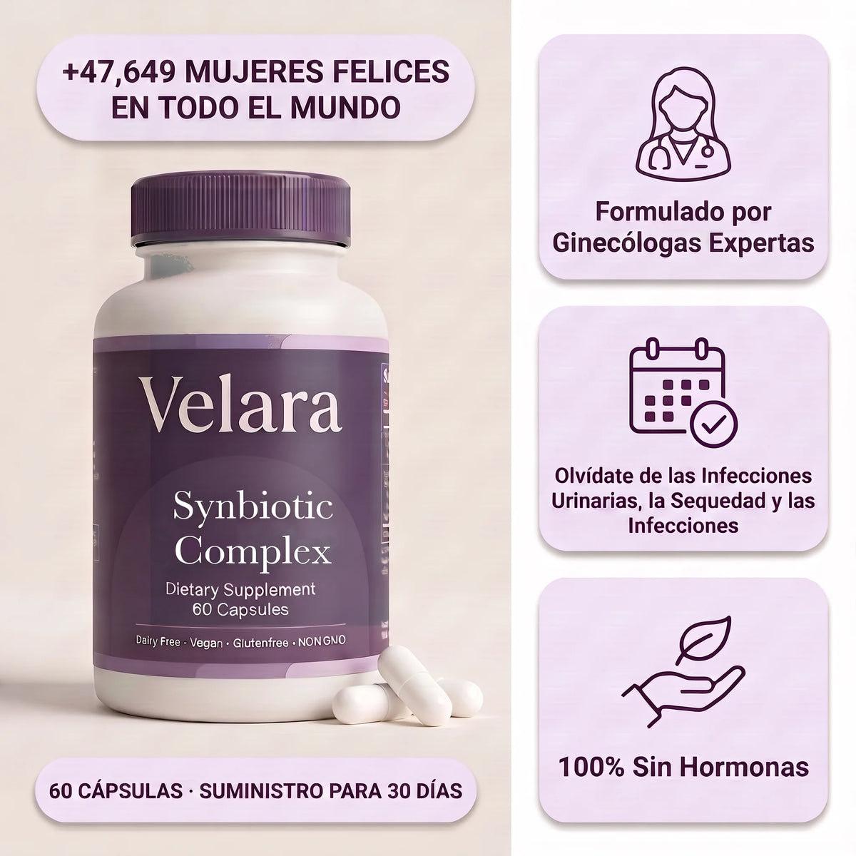 Bote de Velara Synbiotic Complex, 60 cápsulas, formulado por ginecólogas, 100% sin hormonas