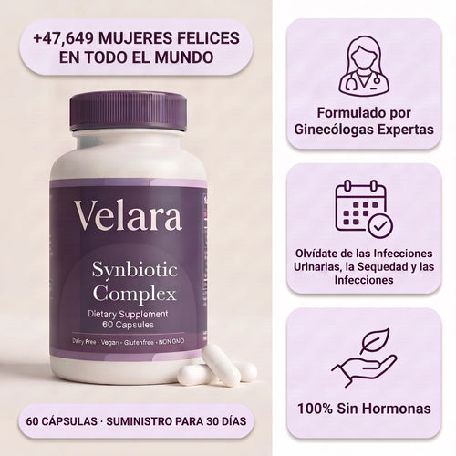 Bote de Velara Synbiotic Complex, 60 cápsulas, formulado por ginecólogas, 100% sin hormonas
