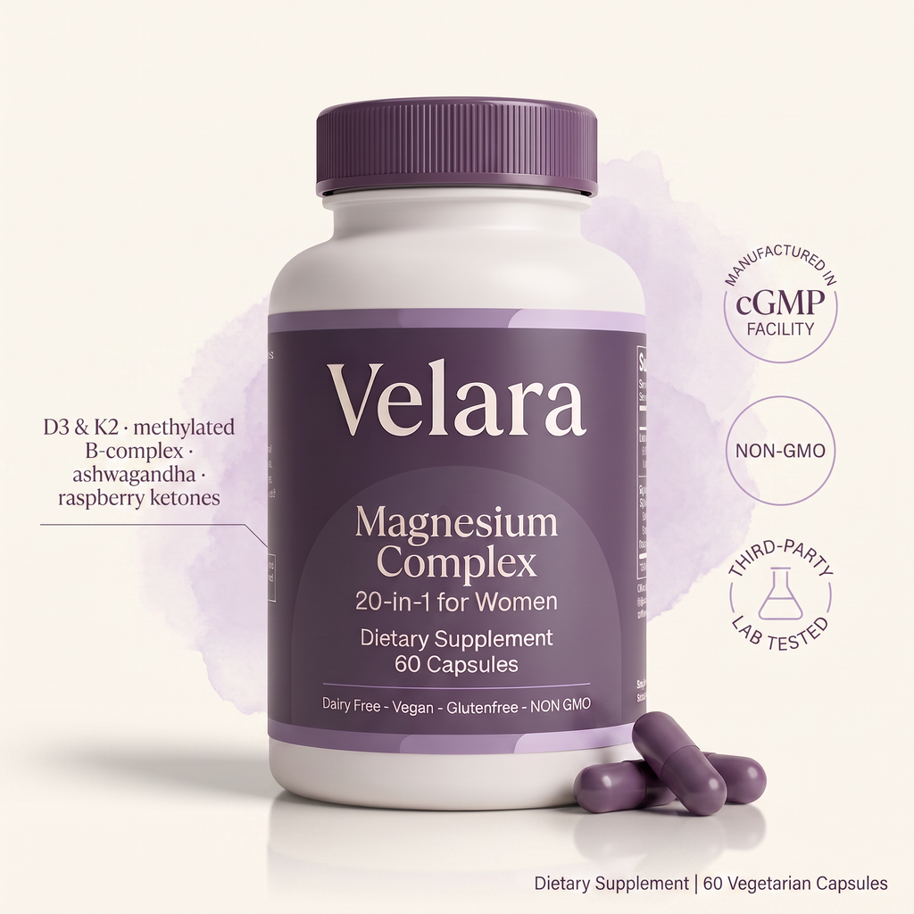 Velara Magnesium Complex – 20-in-1 for Women | 800mg, 60 Vegetarian Capsules