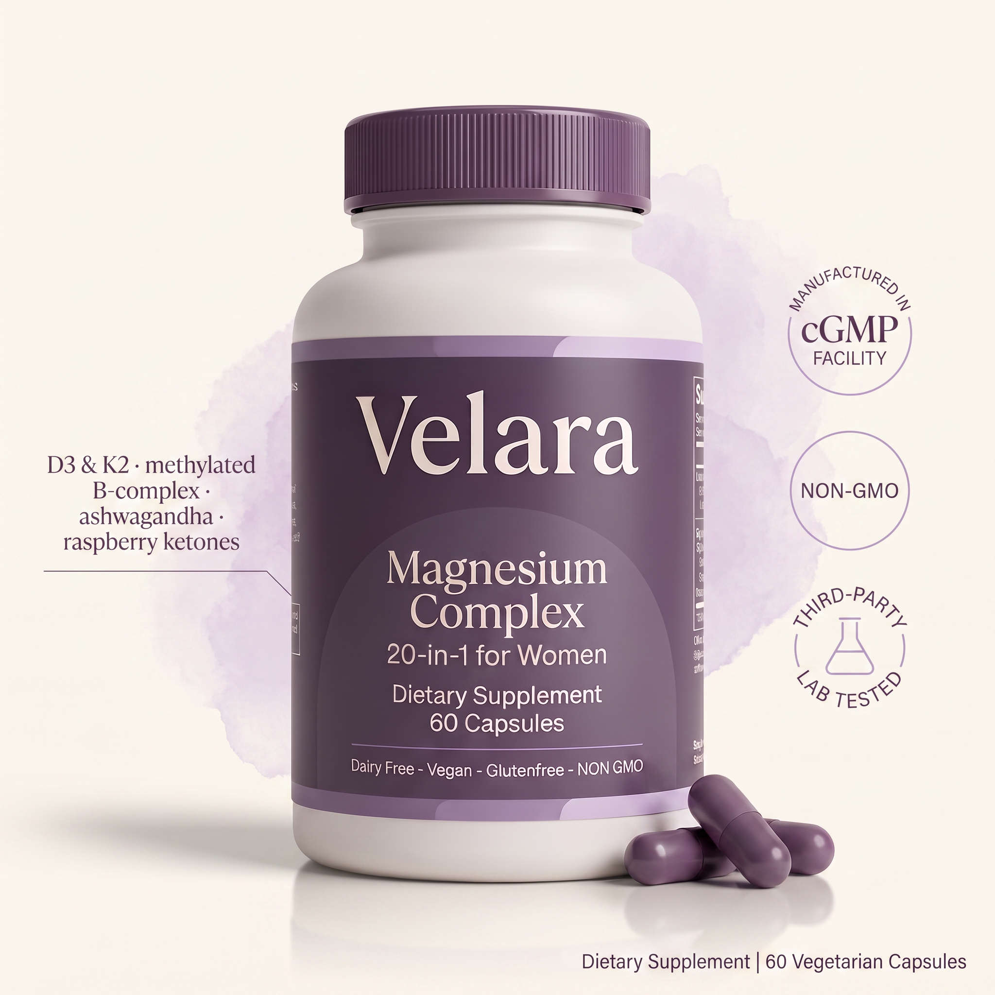 Velara Magnesium Complex – 20-in-1 for Women | 800mg, 60 Vegetarian Capsules