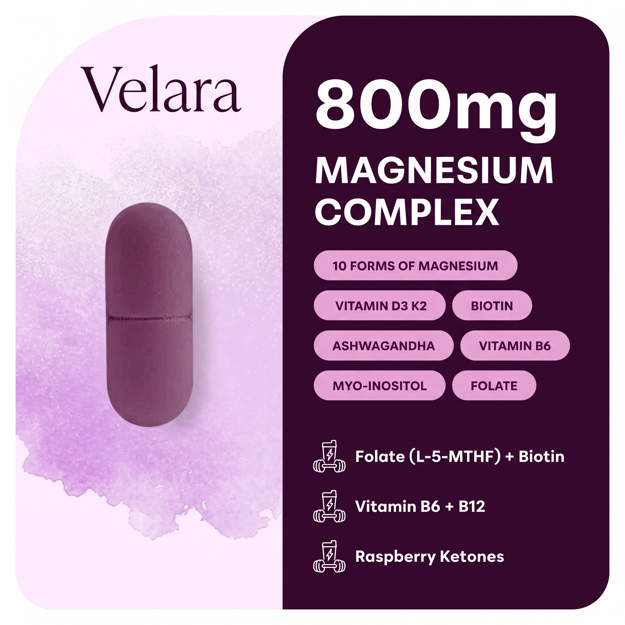 Velara Magnesium Complex – 20-in-1 for Women | 800mg, 60 Vegetarian Capsules