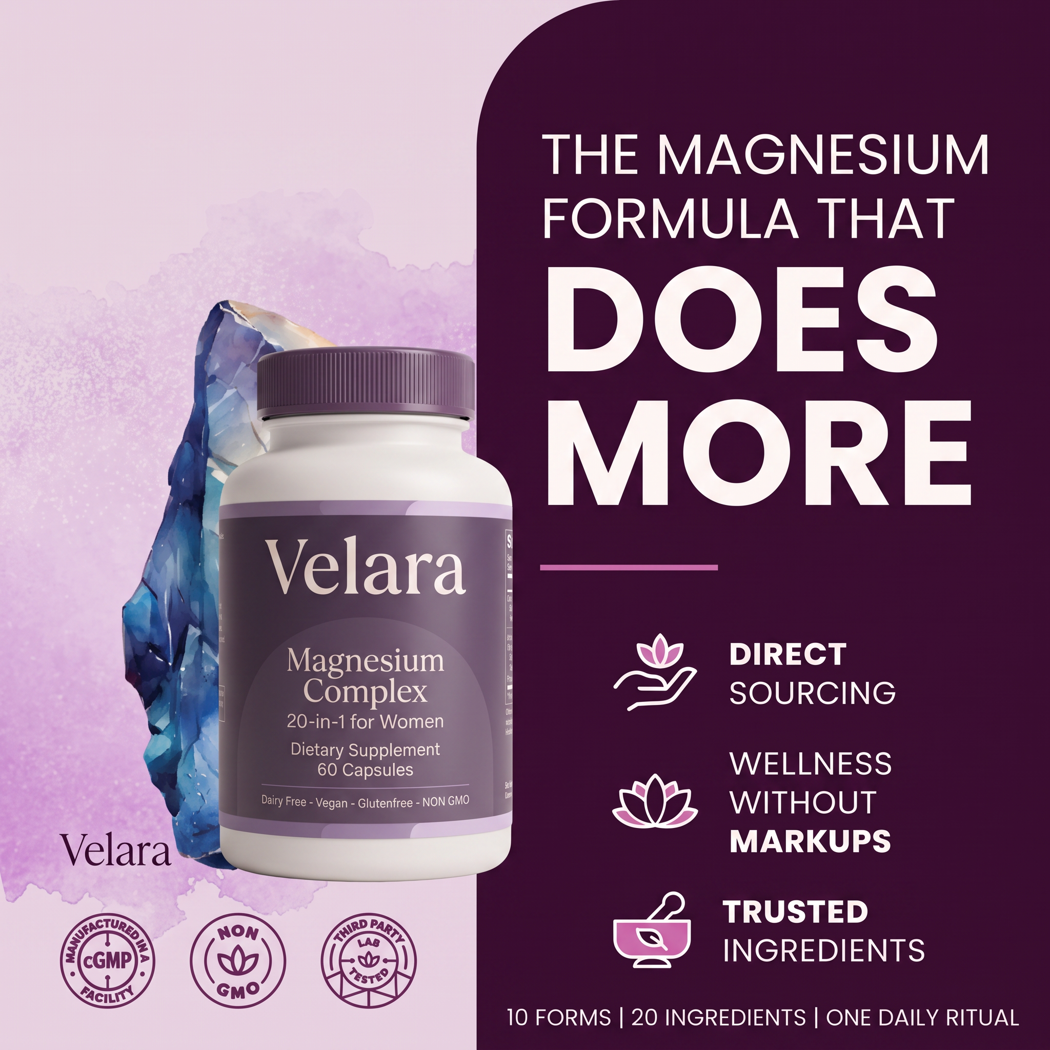 Velara Magnesium Complex – 20-in-1 for Women | 800mg, 60 Vegetarian Capsules
