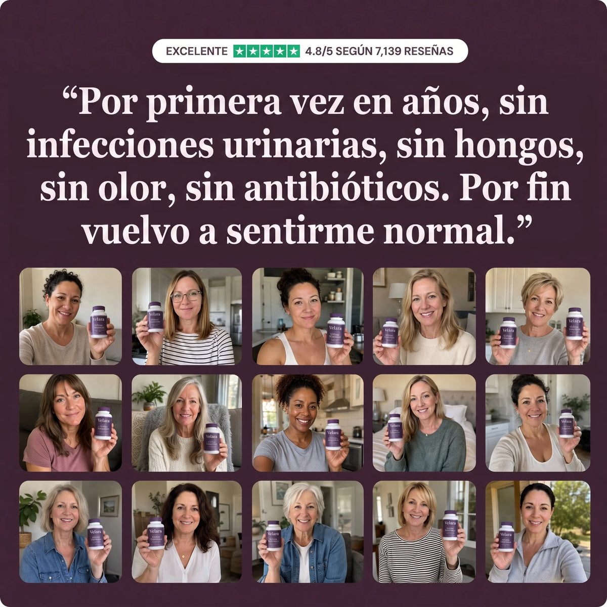 Mujeres con su bote de Velara y reseñas de 4.8 sobre 5 estrellas