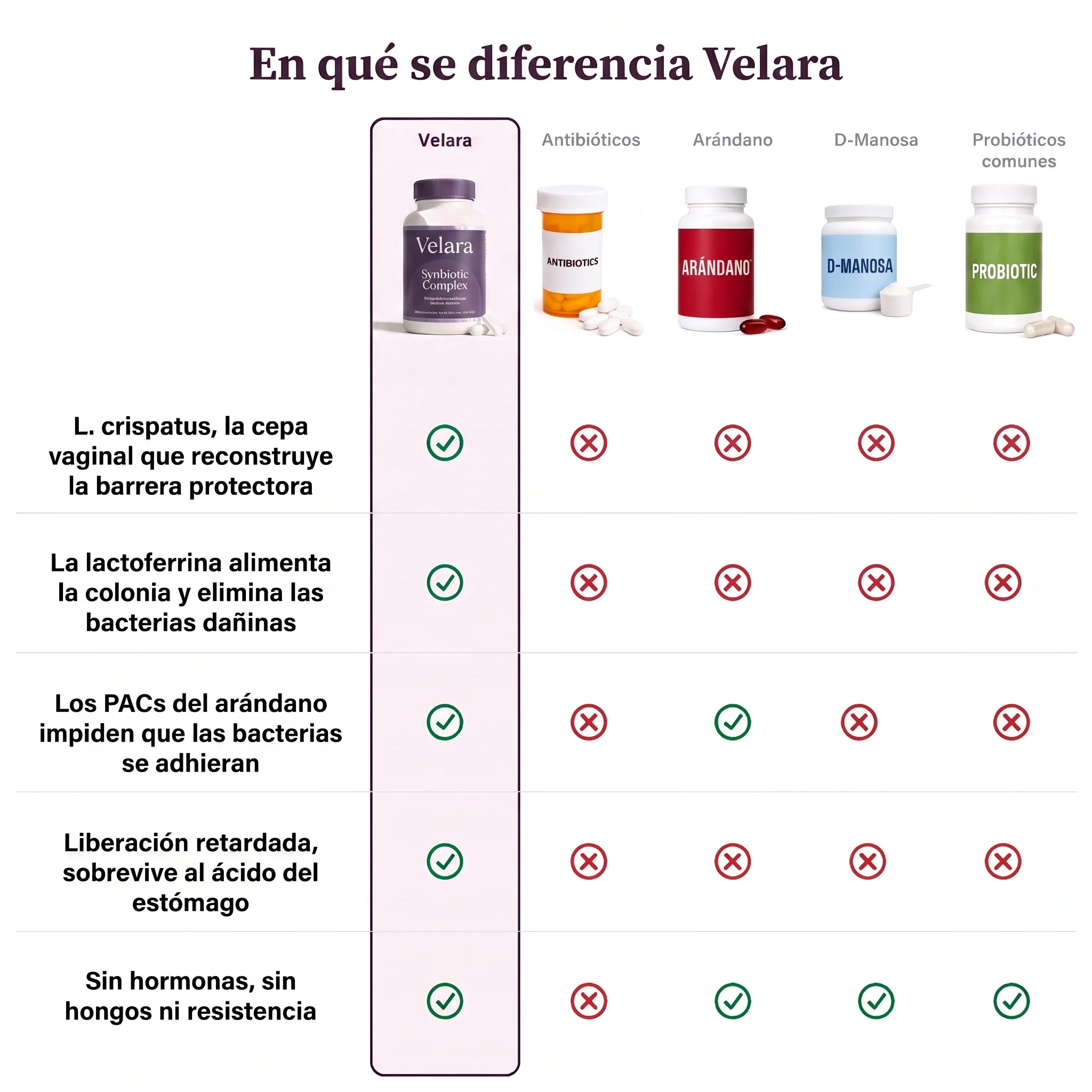 Velara frente a antibióticos, arándano, D-manosa y probióticos comunes para la flora íntima