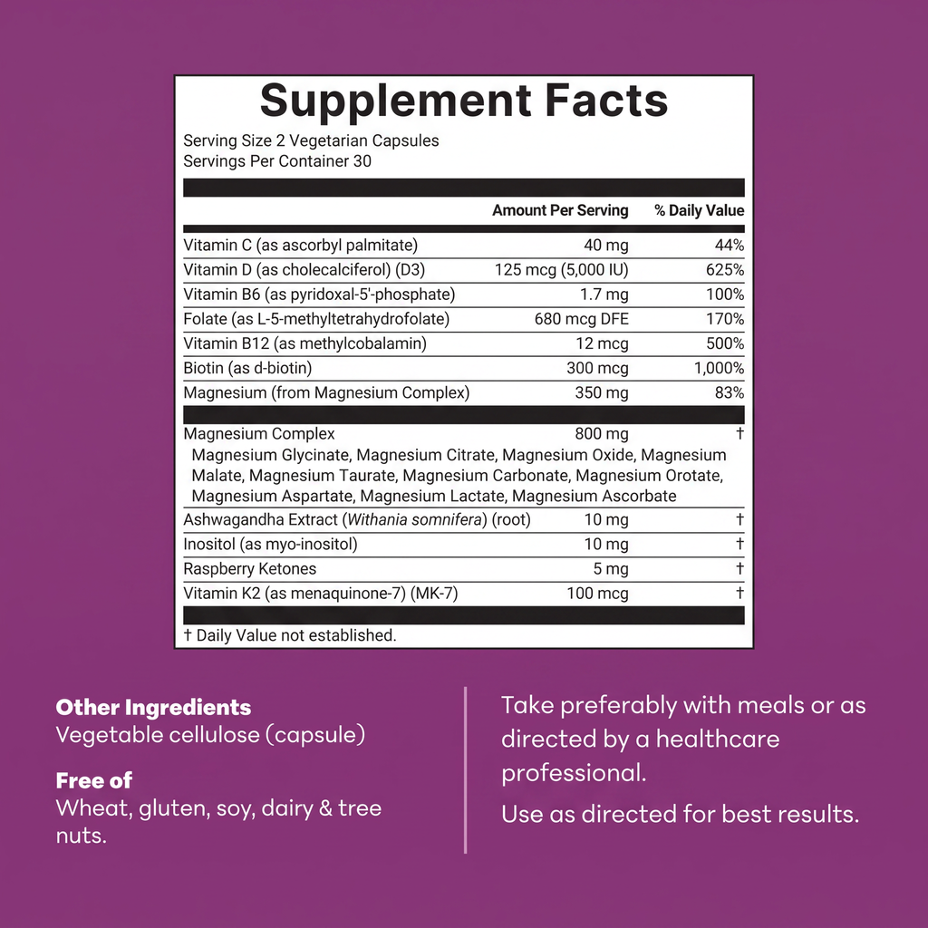Velara Magnesium Complex – 20-in-1 for Women | 800mg, 60 Vegetarian Capsules