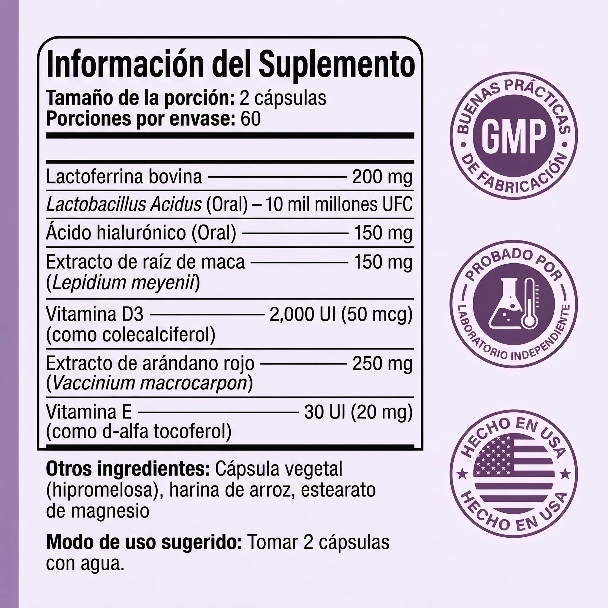 Información del suplemento de Velara, certificación GMP y probado por laboratorio independiente