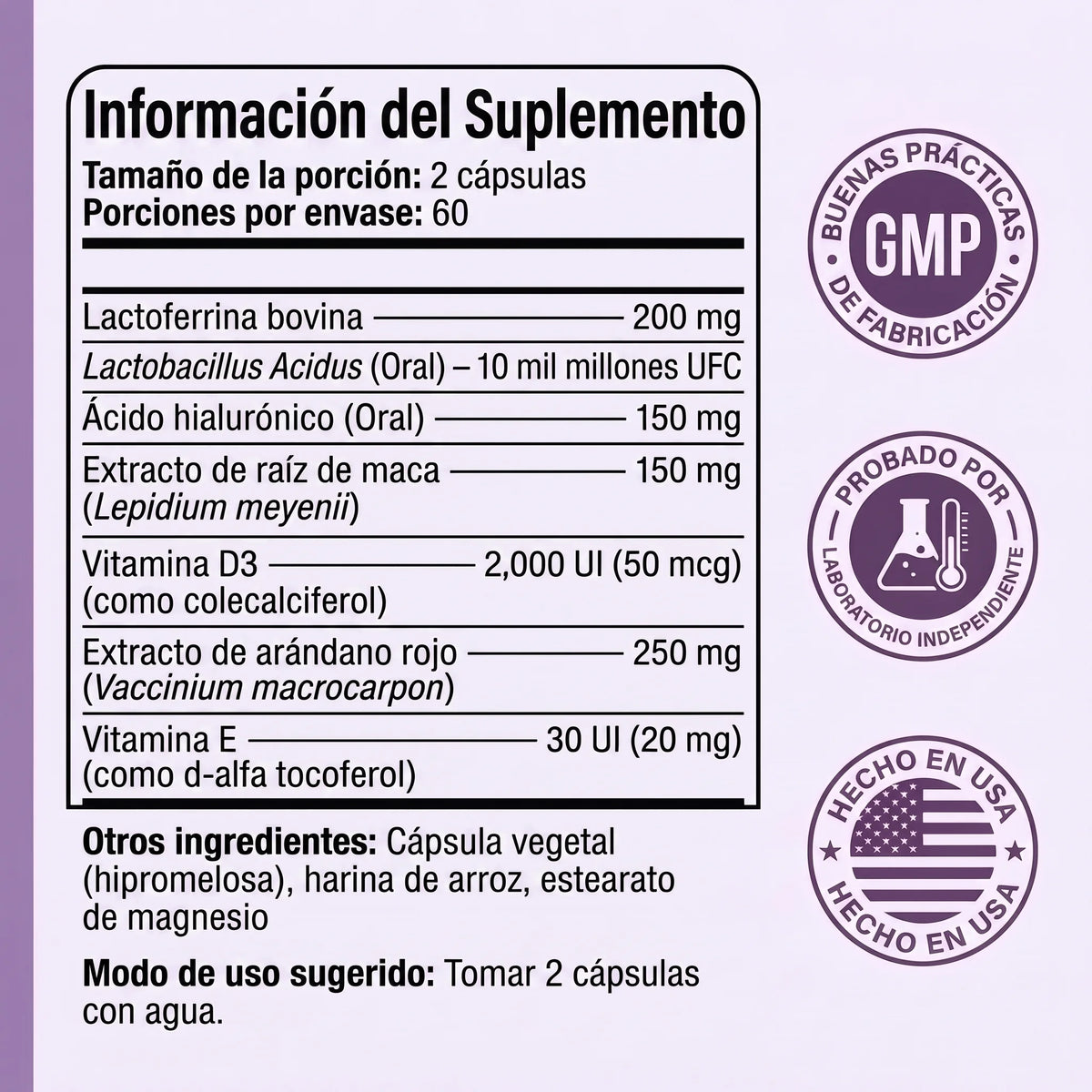 Información del suplemento de Velara, certificación GMP y probado por laboratorio independiente