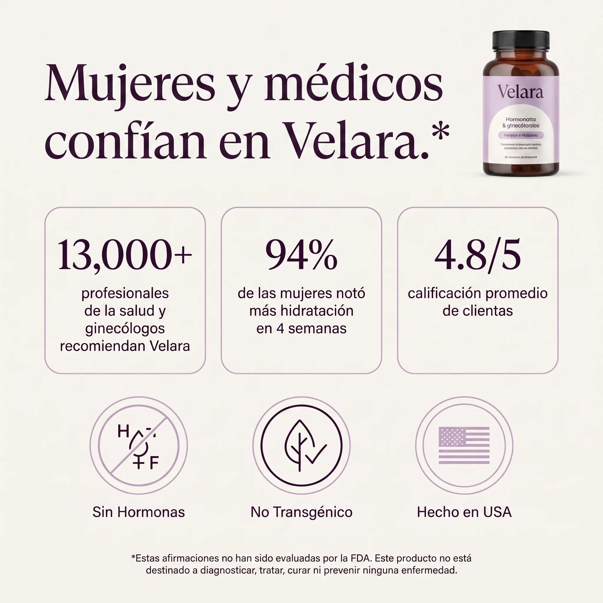 Velara recomendado por más de 13,000 profesionales de la salud, sin hormonas y hecho en USA