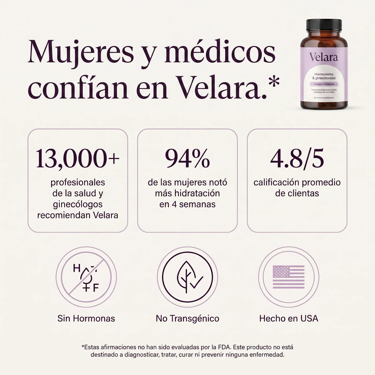 Velara recomendado por más de 13,000 profesionales de la salud, sin hormonas y hecho en USA