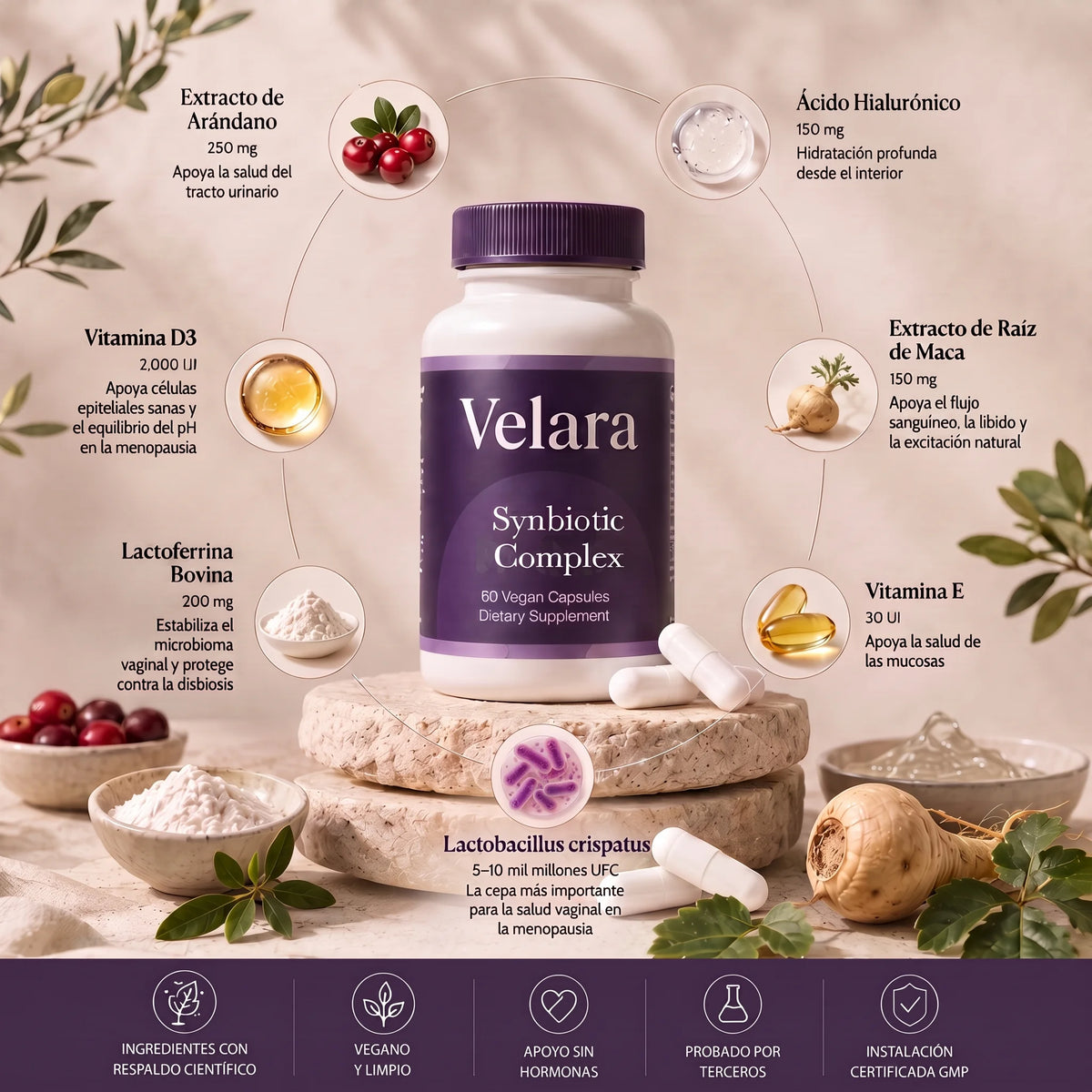 Ingredientes de Velara: L. crispatus, lactoferrina, arándano, ácido hialurónico y raíz de maca